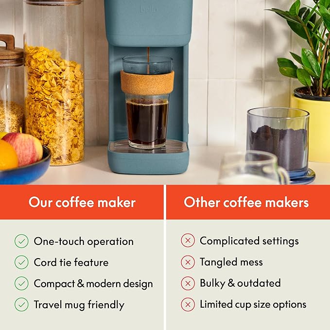 bella Single Serve Coffee Maker, K Cup & Coffee Ground Compatible with Removable, Adjustable Drip Tray, Auto Shutoff & Reusable Dishwasher Safe Accessories, Brews 6oz to 14oz, 1000 Watt, Surf