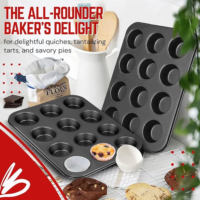 Flexzion Muffin Tray Cupcake Baking Pan 2 Pack, 12-Cup Nonstick Carbon Steel Muffin Tins Non-Stick Cupcake Tin Bakeware Accessories for Baking Cupcakes Muffin Brownies Snacks, Easy Clean, Fridge Safe