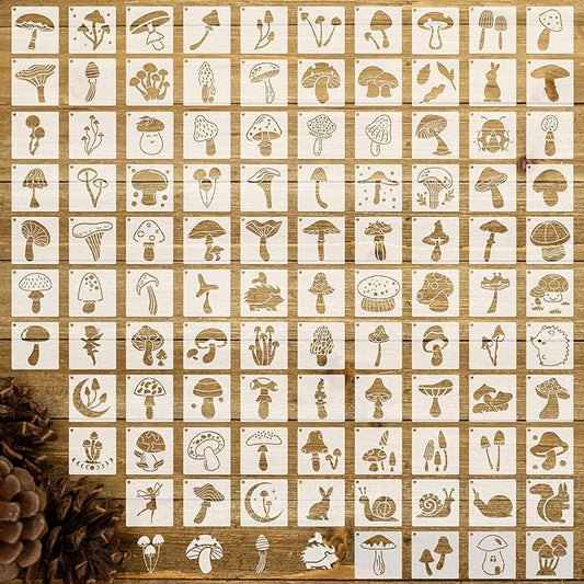 Fainne 100 Pcs Stencils for Painting on Wood Reusable Stencil Crafts Drawing Templates Holiday Wall Paper for DIY Scrapbook Home 2 x 2 Inch(Mushroom)