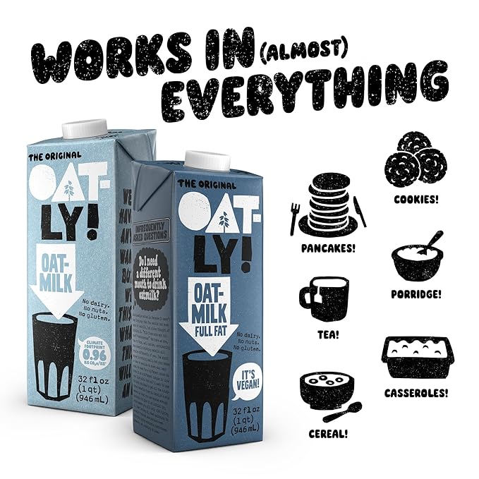Oatly Full Fat Oatmilk – Creamy, Plant-Based Whole Milk Alternative | Dairy-Free, Vegan, Shelf-Stable, Non-GMO & Glyphosate Residue-Free | Only 1g Saturated Fat (32 oz, 12-Pack)