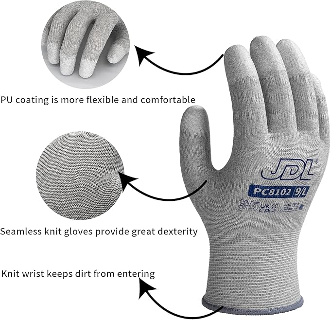 JDL ESD Work Gloves, Anti-Static Gloves for PC Building, Computer Installation & Repair, High Resistance Carbon Fiber Gloves, 36 pairs, Small