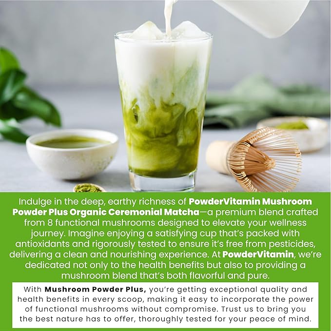 PowderVitamin Organic Ceremonial Mushroom Matcha Certified Pesticide-Free Grass-Fed Collagen Types I & III 8 Fruiting Body Mushrooms Tested for Beta-Glucans Focus Digestion & Immunity 30 Servings
