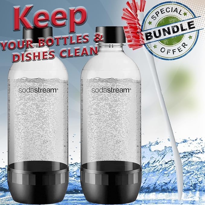 Soda Bottle Bundle 2-Pack Black 1L Carbonating + Deliqo 14" Bottles Cleaning Brush – For SodaStream Carbonating Water Seltzer
