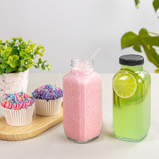 Juice Bottles with Lids, 16 Oz - Set of 3 - Clear Glass Jars with Caps - Reusable Empty Drink Containers for Juicing, Smoothies, Water, Milk, Kombucha Storage, Wellness Shots and More (3)