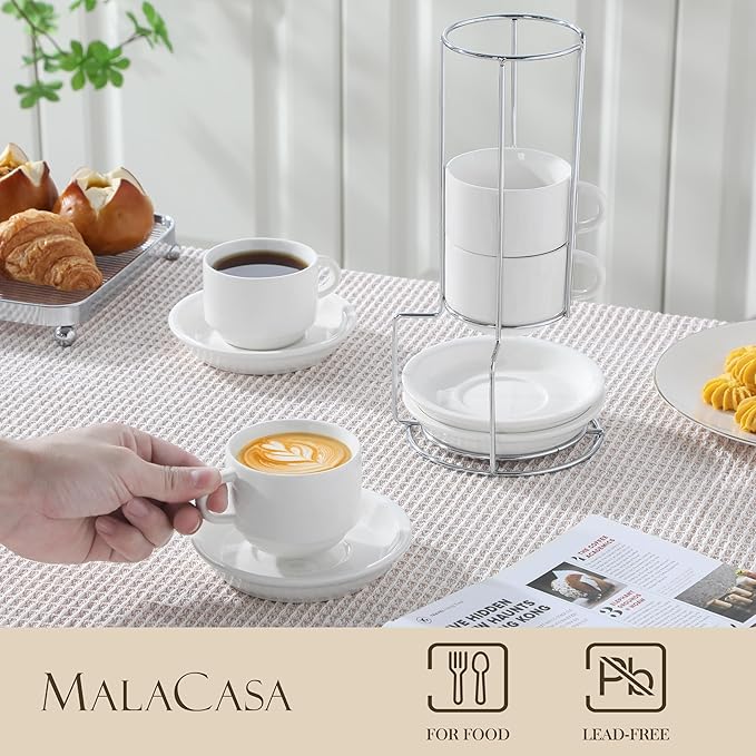 MALACASA 4 OZ Porcelain Espresso Cups with Saucers and Metal Stand Set of 4, Stackable Cappuccino Cups, White Expresso Shots Cup Set for Coffee Drinks, Latte, Tea