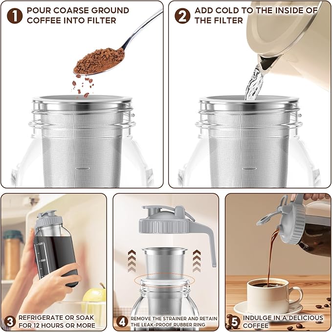 Cold Brew Coffee Maker Jar - 2 Pack 64 oz/32 oz Glass Cold Brew Maker with Handle, Stainless Steel Filter & Leak-Proof Lid, Heavy Duty Cold Brew Pitcher for Iced Coffee, Sun Tea, and Milk