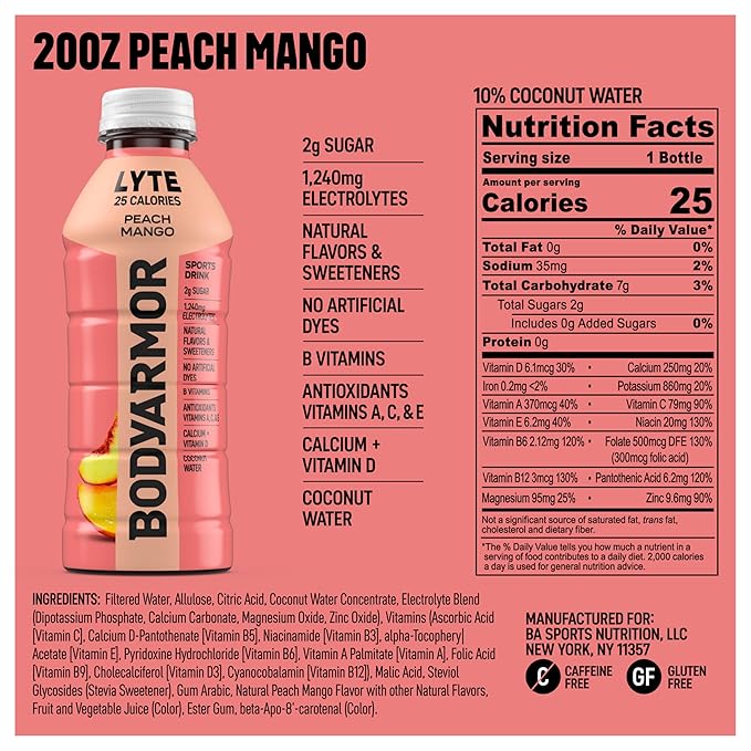 BODYARMOR LYTE Sports Drink Low-Calorie Sports Beverage, Peach Mango, Coconut Water Hydration, Natural Flavors With Vitamins, Potassium-Packed Electrolytes, Perfect For Athletes, 20Fl Oz (Pack of 6)