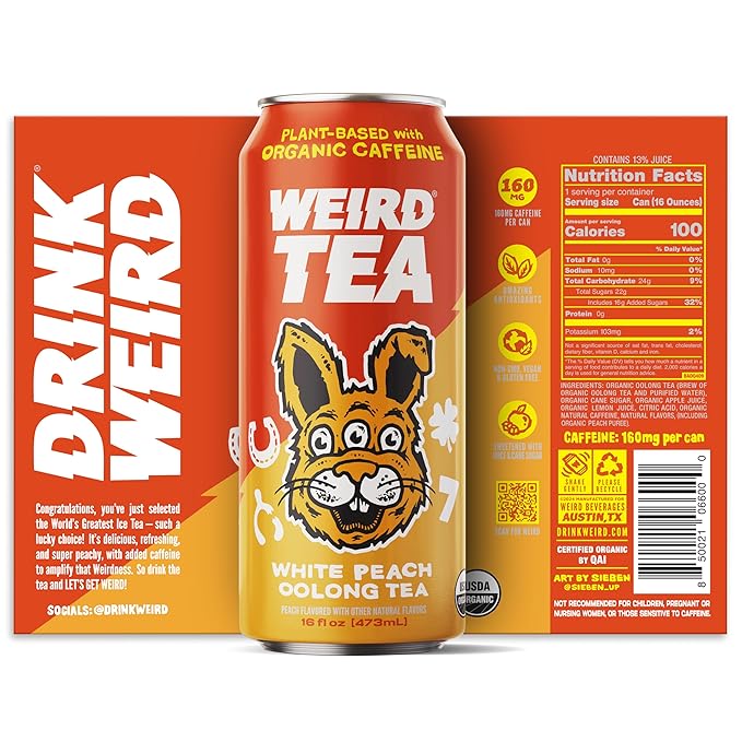 Drink Weird Organic White Peach Oolong Tea – 16oz Cans, 160mg Organic Caffeine, Pack of 12 – A Refreshing Energy Drink Alternative