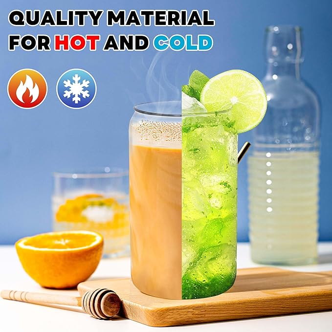 Joyclub Glass Cups with Bamboo Lids and Straws 6 Set 16 oz Reusable Iced Coffee Cup Beer Can Drinking Jars for Smoothie Whiskey Boba Soda Tea Gift