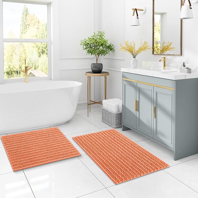 Arotive Luxury Chenille Bathroom Rug Mat, Extra Soft Thick Absorbent Shaggy Bath Rugs, Non-Slip Machine Wash Dry, Plush Bath Mats for Bathroom, Shower and Tub, 24x16, Coral