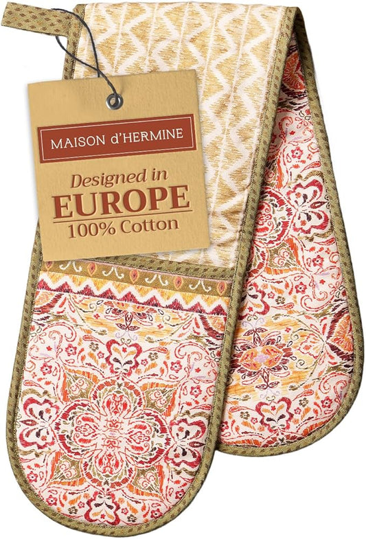 Maison d' Hermine Double Oven Mitts 100% Cotton 7"x35" Double Oven Mitt Heat Resistant BBQ Cooking Gloves with Loop, Baking, Grilling, Home, Kitchen, Handling Hot Pans (Damask)