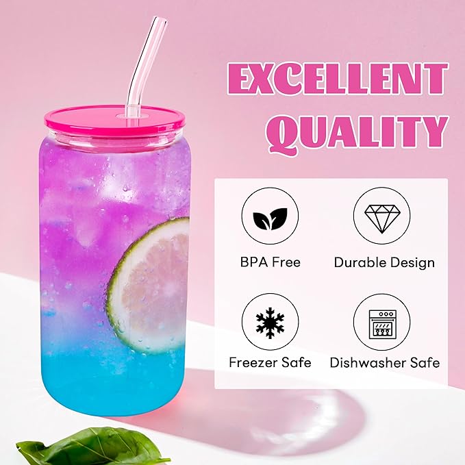 Joyclub 4pcs Glass Cups with Acrylic Lids and Straws 16 oz Can Shaped Glass Iced Coffee Cups with Lids and Straws, Cute Tumbler Cup Drinking Glasses for Smoothie Whiskey Boba Soda Tea Gift