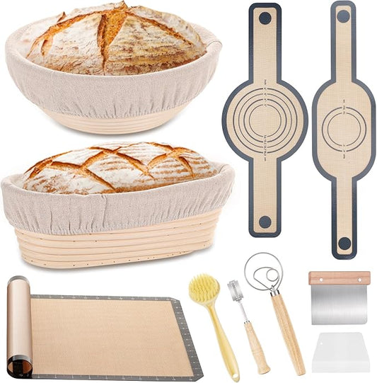 Banneton Bread Proofing Basket Set, 10 In Oval and 9 in Round Proofing Basket, Sourdough Bread Baking Supplies, Silicone Baking Mat, Danish Dough Whisk, Perfect Baker's Gift Set