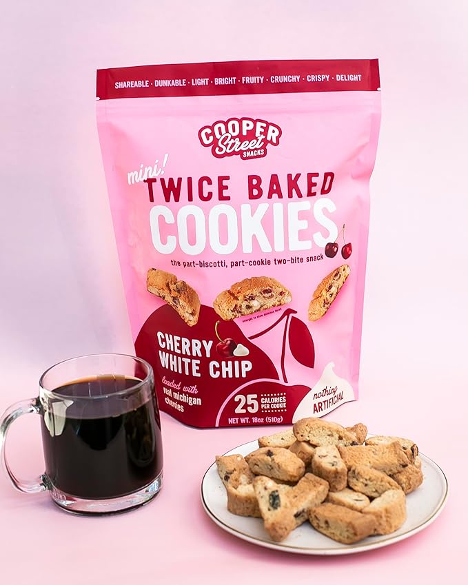 Cooper Street Twice-Baked Cherry White Chip Biscotti Cookies (16 oz Pack of 2) – Over 50 Biscotti Cookies per Bag Loaded with Real Fruit, Traditional Italian Style Snacks - Dairy, Peanut & Soy Free