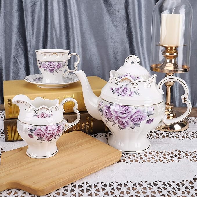 fanquare 15 Piece Porcelain Tea Set for Adults, Wedding Tea Service, Large British Teapot with Cups, Purple Rose