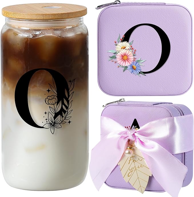 AYGXU Initial glass cups with bamboo lids,Travel Jewelry Case for Women Girls,Travel Jewelry Case Jewelry Box Organizer,coffee cups,Travel Gifts for Women Travel Essentials,Initial O purple