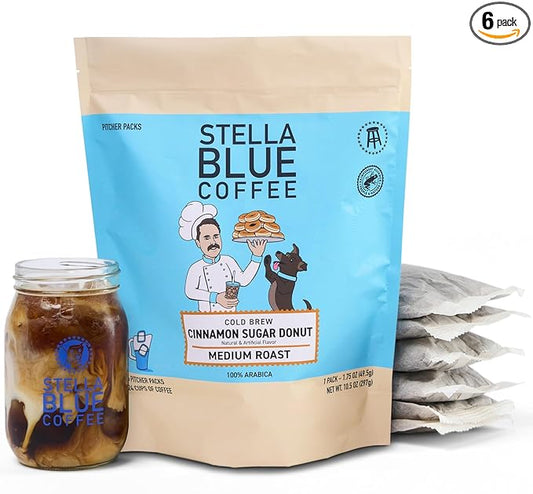 STELLA BLUE Fresh Cold Brew Coffee | Cinnamon Sugar Donut | 100% Arabica Medium Roast | Warm Cinnamon and Sweet Pastry Flavor | Cold Brew Coffee Packets | Makes 24 Pods | 6 Easy-Brew Pouches
