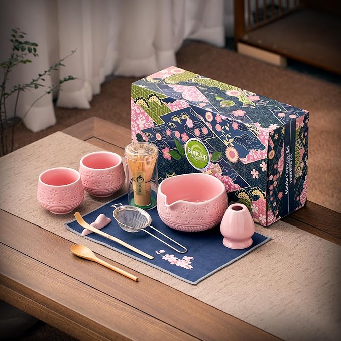 Matcha Whisk Set, 10 Pcs Matcha Set Includes Matcha Bowl, 2 Cups, Matcha Whisk and Holder, Bamboo Scoop and Spoon, Scoop Rest, Sifter and Tea Towel, Complete Matcha Kit (Pink)