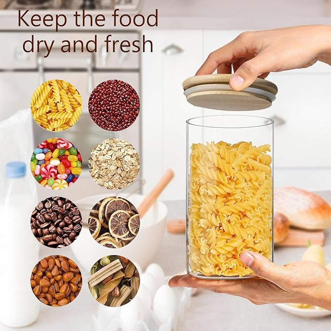 Round Glass Jars Canister with Wood Lid 40 FL OZ [Set of 3], Container Jar with Sealing, Lids for Oat Pasta Flour Cereal Rice Sugar Tea Coffee Beans, Best for Kitchen & Pantry