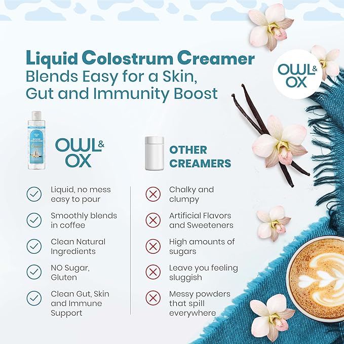 Bovine Colostrum with MCT Oil, Lactoferrin, IgG by Owl & Ox | Grass Fed, US Based | Skin Health, Gut Health and Immune Support | Sugar Free, Keto Friendly, Non GMO | Made in USA