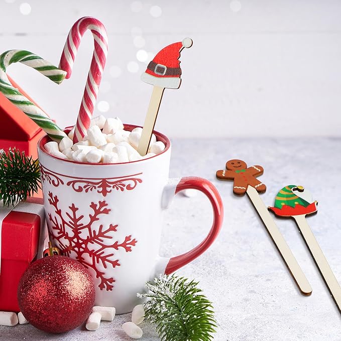 Jinei 120 Pcs Christmas Wooden Coffee Stirrers Wood Cocktail Coffee Stir Sticks Disposable Drink Stirrers for Stirring Hot Chocolate Milkshake Restaurant Home Office(Novel Style)