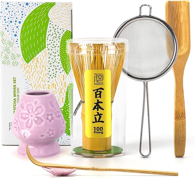 TEANAGOO Matcha Whisk Set,6-PCS Traditional Starter Set,100 Prongs Whisk with Purple Cherry Blossom Holder,Scoop(Chashaku),Tea Spoon,Bamboo Chasen,Ceremony Accessory,Gift for Friend/Family