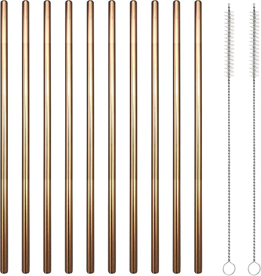 10 Pcs Stainless Steel Straws, Reusable Drinking Straws, Straight Metal Straw Sets with 2 Pcs Cleaning Brushes (10.5 Inch, Rose Gold)