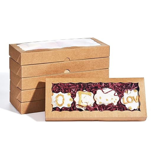 100PCS 12 x 5 x 1.5 inches Auto-Popup One Piece Premium Cookie Boxes, Mini Strawberry Boxes, Kraft Brown Bakery Box for Holiday Cookie Gift Sets