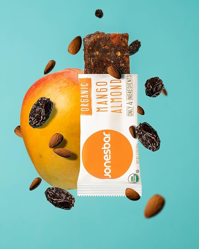 JONESBAR Organic Plant Based Protein Bars | Mango Almond | Fruit & Nut Bar, Kosher, Gluten Free, Paleo Breakfast Bars, School Snacks, Vegan Snack & Healthy Snacks for Adults and Kids (Pack of 12)