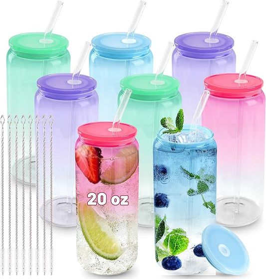 Joyclub 20oz Glass Cups with Acrylic Lids and Straws 8 Set Can Shaped Glass Iced Coffee Cups with Lids, Gradient Drinking Glasses Cute Tumbler Cup Great for Smoothie Soda Boba Tea Cocktail Beer Gift