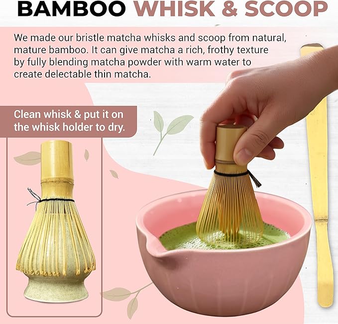 Matcha Whisk Set with Matcha Bowl - Matcha Set Included Electric Frother, Bamboo Whisk, Matcha Spoon, Bamboo Holder, Sifter, Spoon Stand (Simple Pink)