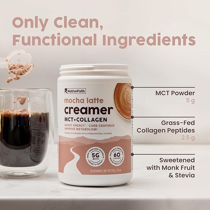 NativePath Keto Coffee Creamer Powder Mocha Latte — Keto-Friendly, Non-Dairy & Low Sugar Creamer. Made with Grass-fed Collagen Protein Powder, MCT Oil & Monk Fruit. Soy & Gluten Free (7.4 OZ)