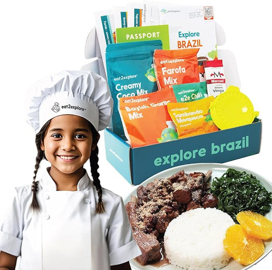eat2explore Cooking Kits for Kids – Interactive & Educational Kids Cooking Sets Real for Ages 5 and Up,3 Recipe Cards & Global Ingredients – Fun Gift for Young Chefs (Brazil Edition)
