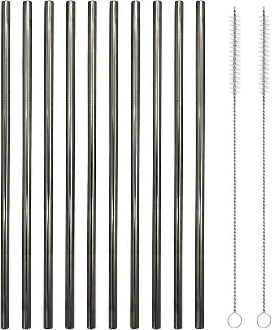 10 Pcs Stainless Steel Straws, Reusable Drinking Straws, Straight Metal Straw Sets with 2 Pcs Cleaning Brushes (10.5 Inch, Black)