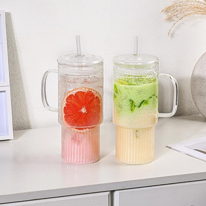 32oz Glass Cups with Handle & Glass Lids and Straws, 2 Pack Large Borosilicate Glass Tumblers for Iced Coffee, Smoothies, Fruit Drinks. Reuseable Glasses Cups for Cold/Hot Water