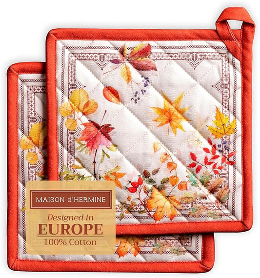 Maison d' Hermine Pot Holders Set 100% Cotton Heat Resistant Potholders 8" x 8" Hot Pads with Loop BBQ, Cooking, Baking, Grilling, Kitchen, Handling Hot Pans (Pack of 2, Amarante)