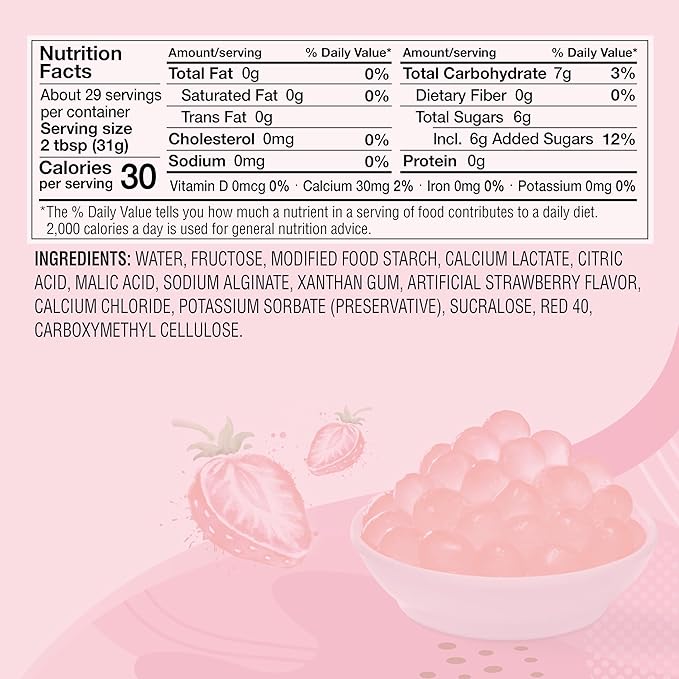 J WAY Bursting Popping Strawberry Boba Pearls, Strawberry Syrup, Non-Dairy, Fat-Free Popping Tapioca Boba for Beverages, Sweets, Ice Cream (2LB, 1 Pack)