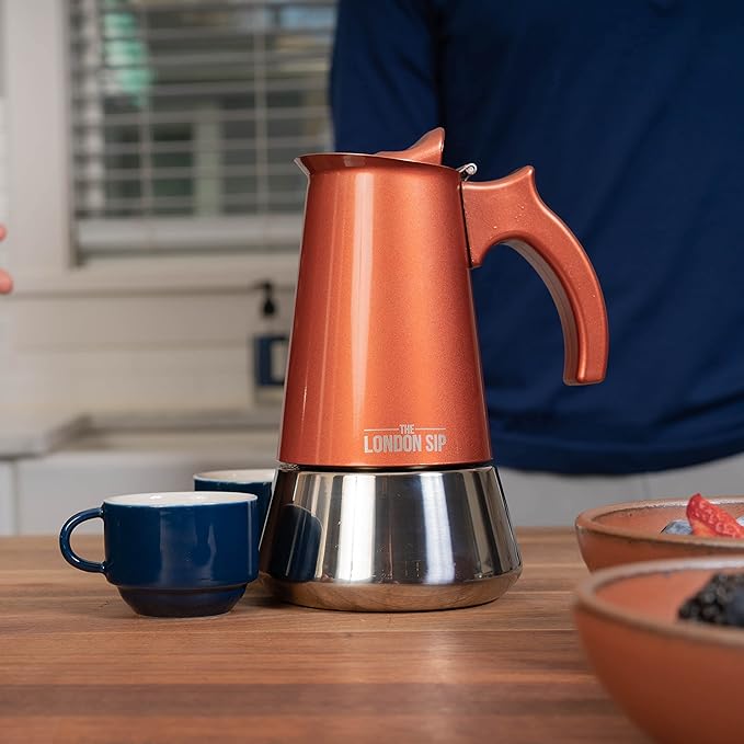 London Sip Stainless Steel Stovetop Espresso Maker Moka Pot Italian Coffee Percolator, Copper, Medium (10.14 oz)