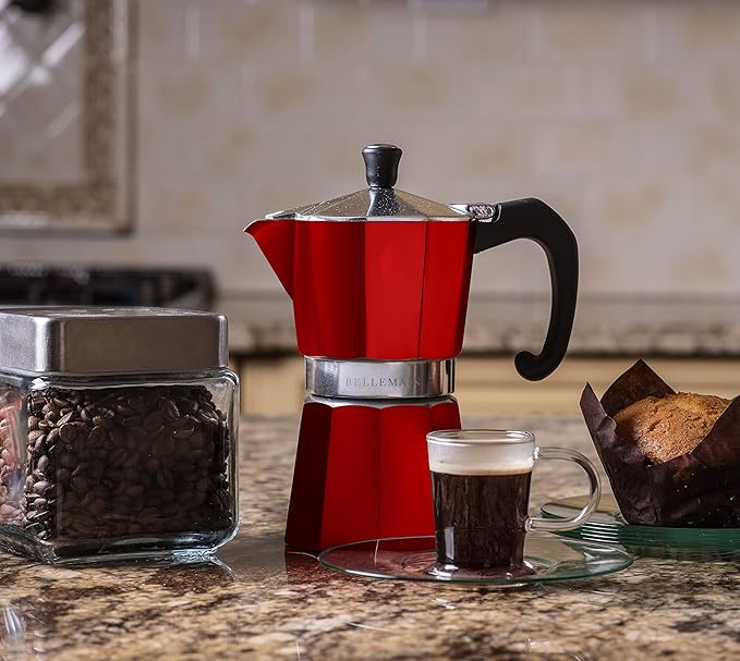 Bellemain Stovetop Espresso Maker | Italian Moka Pot Espresso Maker, Classic Aluminum Design Mocha Pot for Home Brewing & Camping | Easy to Use & Clean - 3-Cup, Red