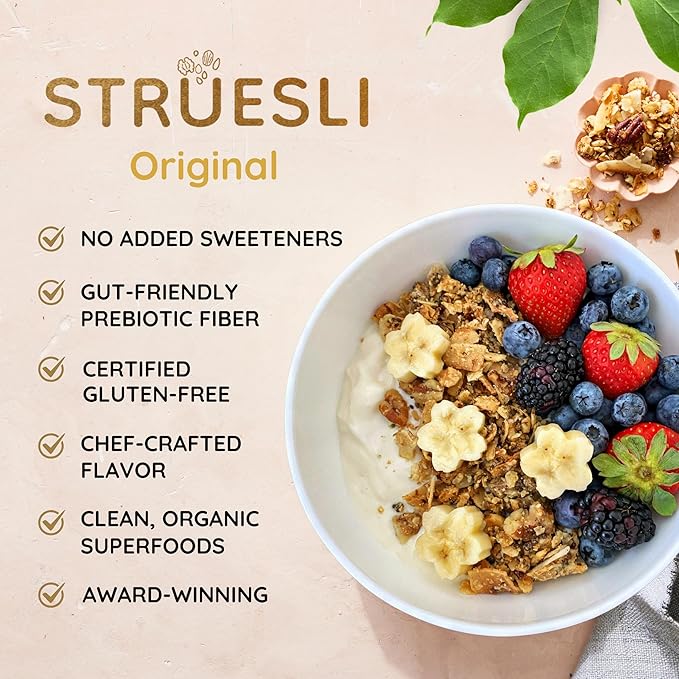 Struesli Original Organic Granola, Grain & Gluten Free, Healthy Snacks with Chia Seeds, Nuts & Sea Salt, Prebiotic High Fiber Food for Yogurt, Cereal & More, Plant Based, Keto & Paleo Friendly, 32 Oz