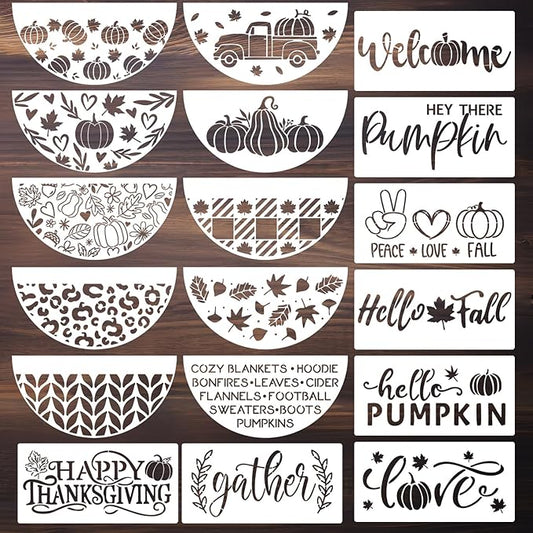 Fall Stencils for Painting on Wood Pumpkin Stencil Fall Leaves Maple Half Round Hello Fall Stencils for Door Mats Porch Hanger Decor