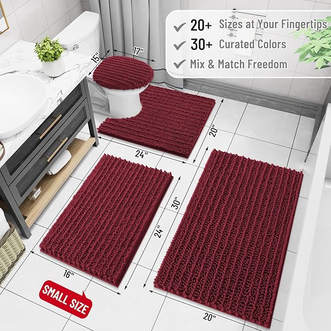 Arotive Luxury Chenille Bathroom Rug Mat, Extra Soft Thick Absorbent Shaggy Bath Rugs, Non-Slip Machine Wash Dry, Plush Bath Mats for Bathroom, Shower and Tub, 47x24, Burgundy