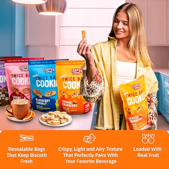 Cooper Street Twice Baked Biscotti Cookies Variety Pack - 1.25 Pounds Per Bag (4 Pack) - Gourmet Cookies Ideal With Coffee Or Tea | Peanut and Dairy Free Low Sodium Breakfast or On-The-Go Snack