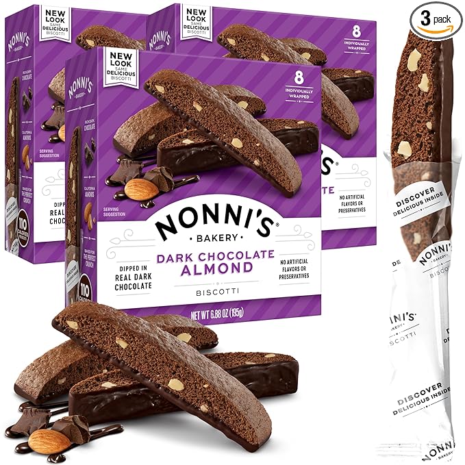 Nonni's Dark Chocolate Almond Biscotti Italian Cookies - 3 Boxes Dark Chocolate Cookies - Biscotti Individually Wrapped Cookies - Italian Biscotti Cookies w/Bittersweet Chocolate & Almonds - 6.88 oz