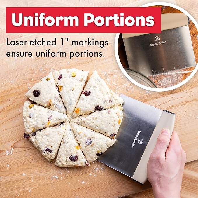 Brod & Taylor Bench Knife with 1" Markings and Non-Slip Rubber Handle, Dough Cutter for Home-Kitchen Baking (6" x 5.25" Surface), 100% Dishwasher Safe