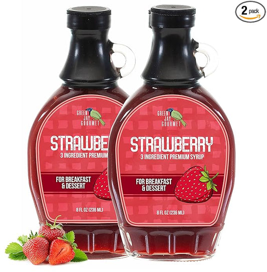 Green Jay Gourmet Strawberry Syrup - 3 Ingredient Premium Breakfast Syrup w/Fresh Strawberries, Cane Sugar & Lemon Juice - All-Natural, Non-GMO Pancake Syrup, Waffle Syrup & Dessert Syrup - 2 x 8 Oz