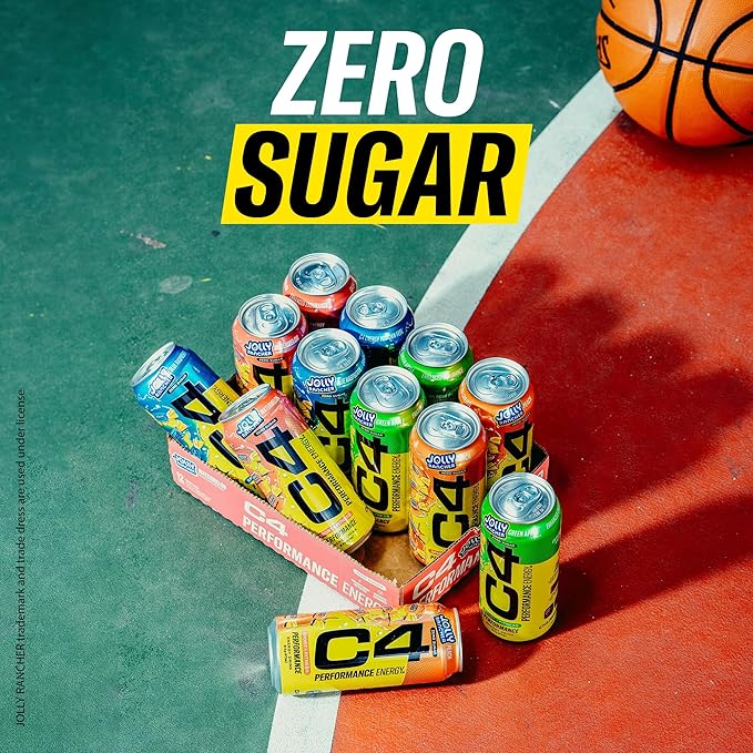 Cellucor C4 Performance Energy Drink | JOLLY RANCHER Blue Raspberry | Zero Sugar Carbonated Preworkout Energy | 200mg Caffeine with Beta Alanine | 16 Fl Oz (24 Pack)