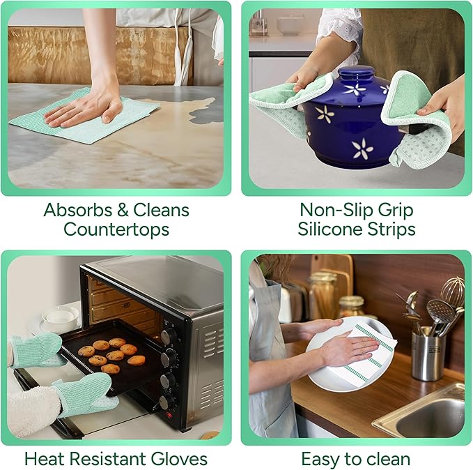 Casa Platino Potholders & Oven Mitts Heat Resistant, 8-Piece Mini Oven Mitts with Silicone Grip, Potholders for Kitchens, 2 Kitchen Towels & 2 Dish Cloths – Durable & Non-Slip – Sage