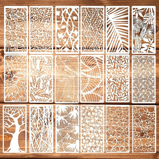 18Pcs Stencils for Crafts Painting, Reusable Cake Stencils Decorating Texture Stencil Background Stencil Leaf Floral Tree Templates for Painting on Wood Furniture Card Canvas Paper Scrapbook