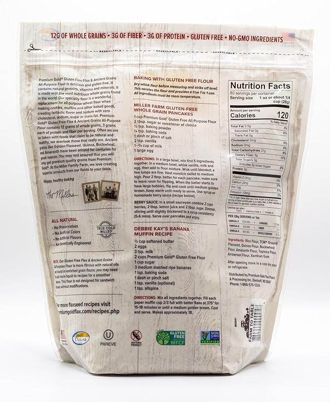 Premium Gold Gluten Free All Purpose Flour, 5 Pound, Gluten-Free, Non-GMO, Kosher, High In Fiber, Source of Omega-3, Plant-Based Protein, No Preservatives, No Additives, Ideal for Beverages, Baking &